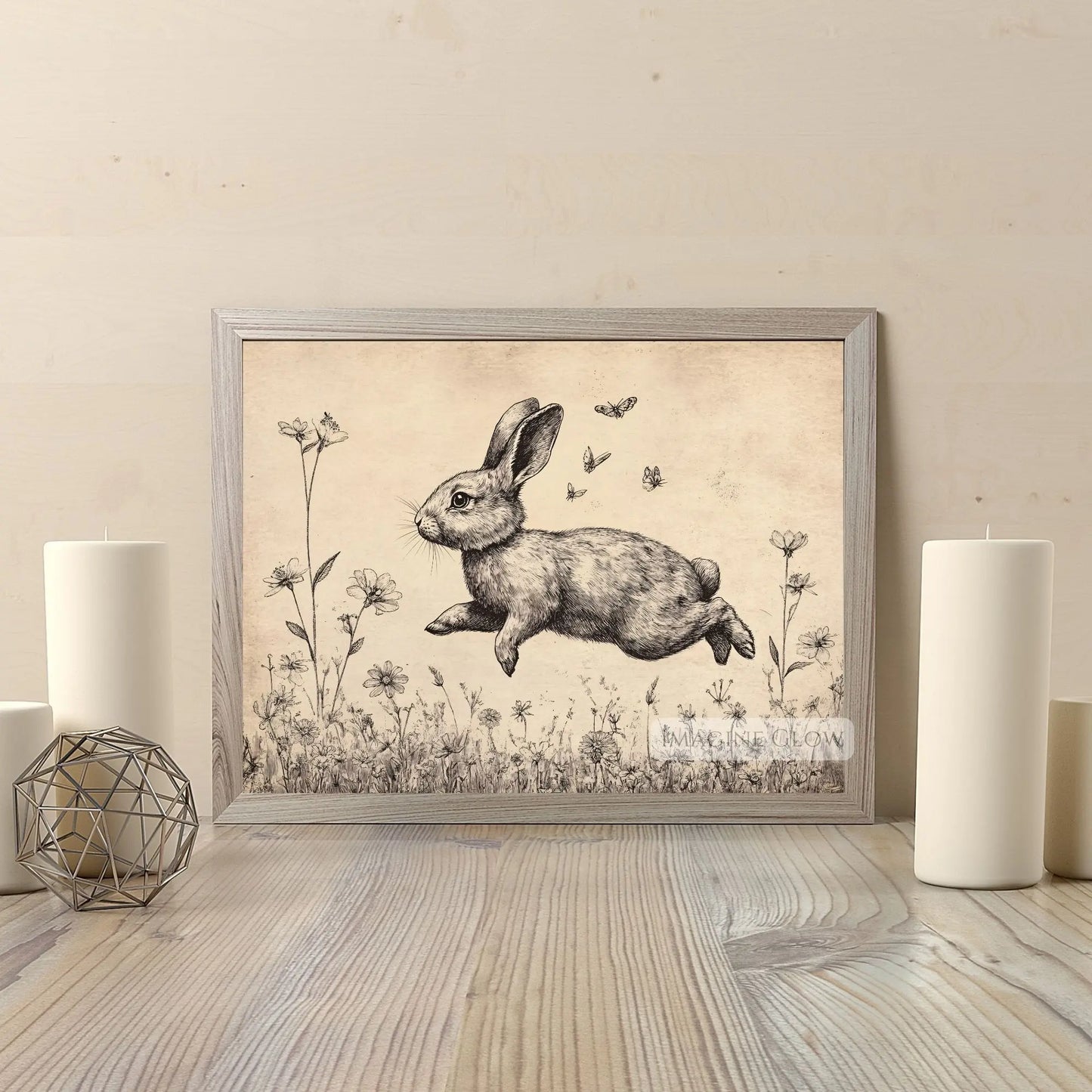 Serene rabbit illustration with wildflowers vintage art.