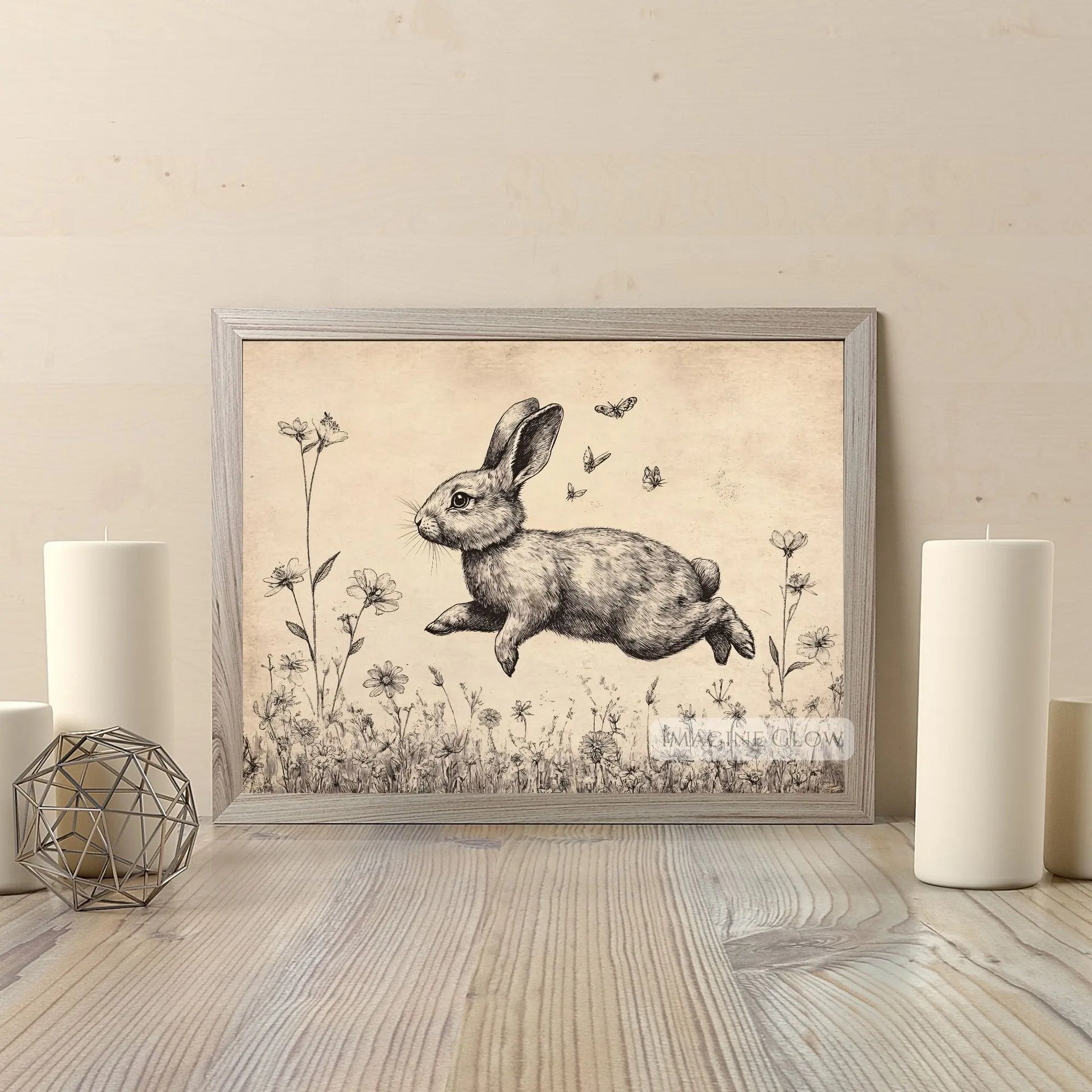 Serene rabbit illustration with wildflowers vintage art.
