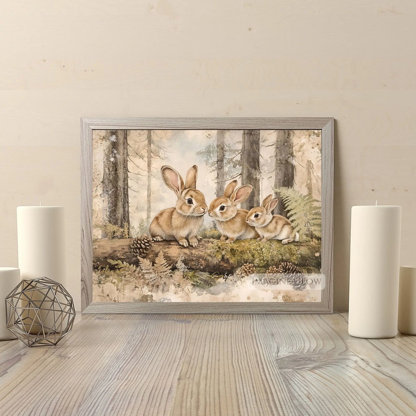 Cottagecore bunny family artwork in a forest.