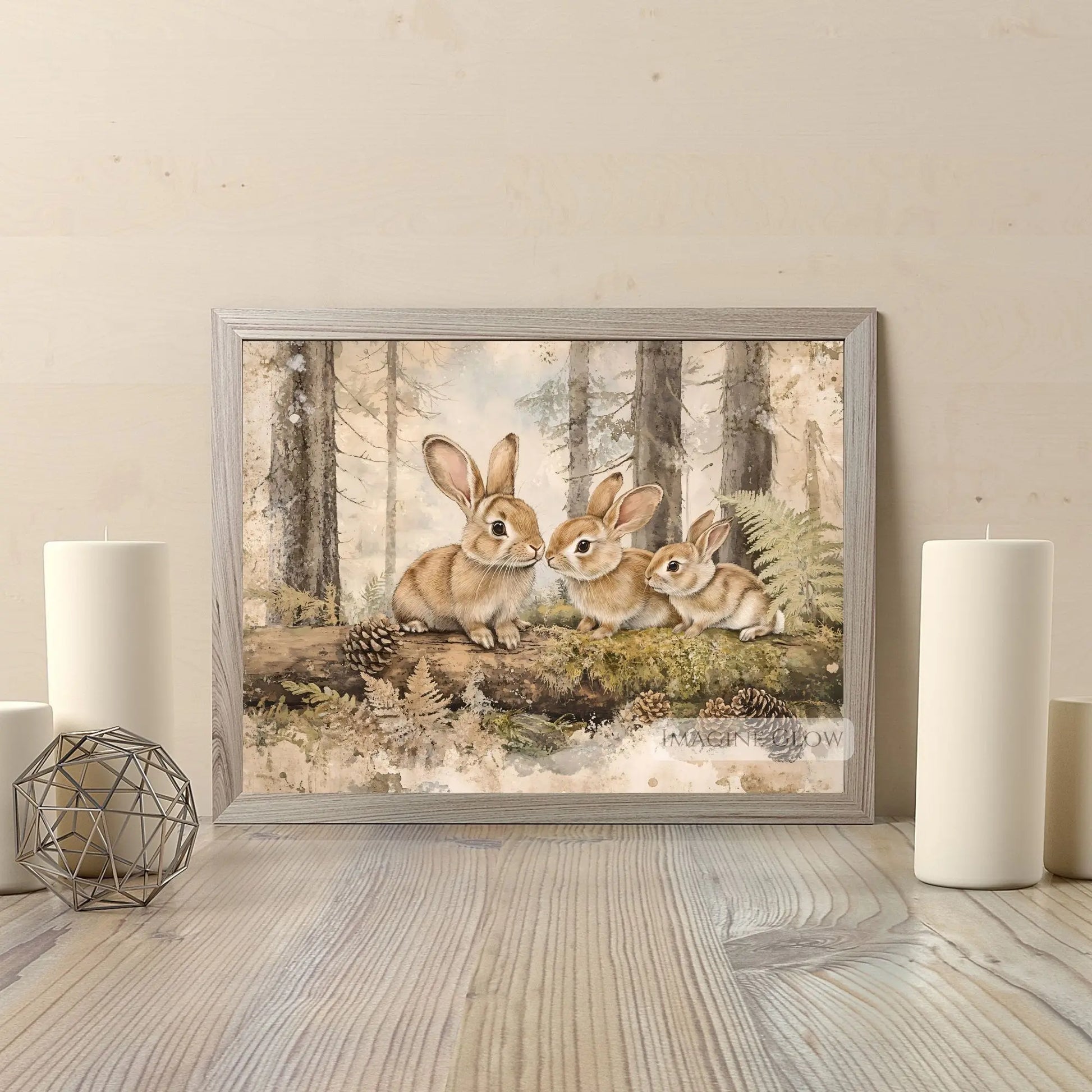 Cottagecore bunny family artwork in a forest.