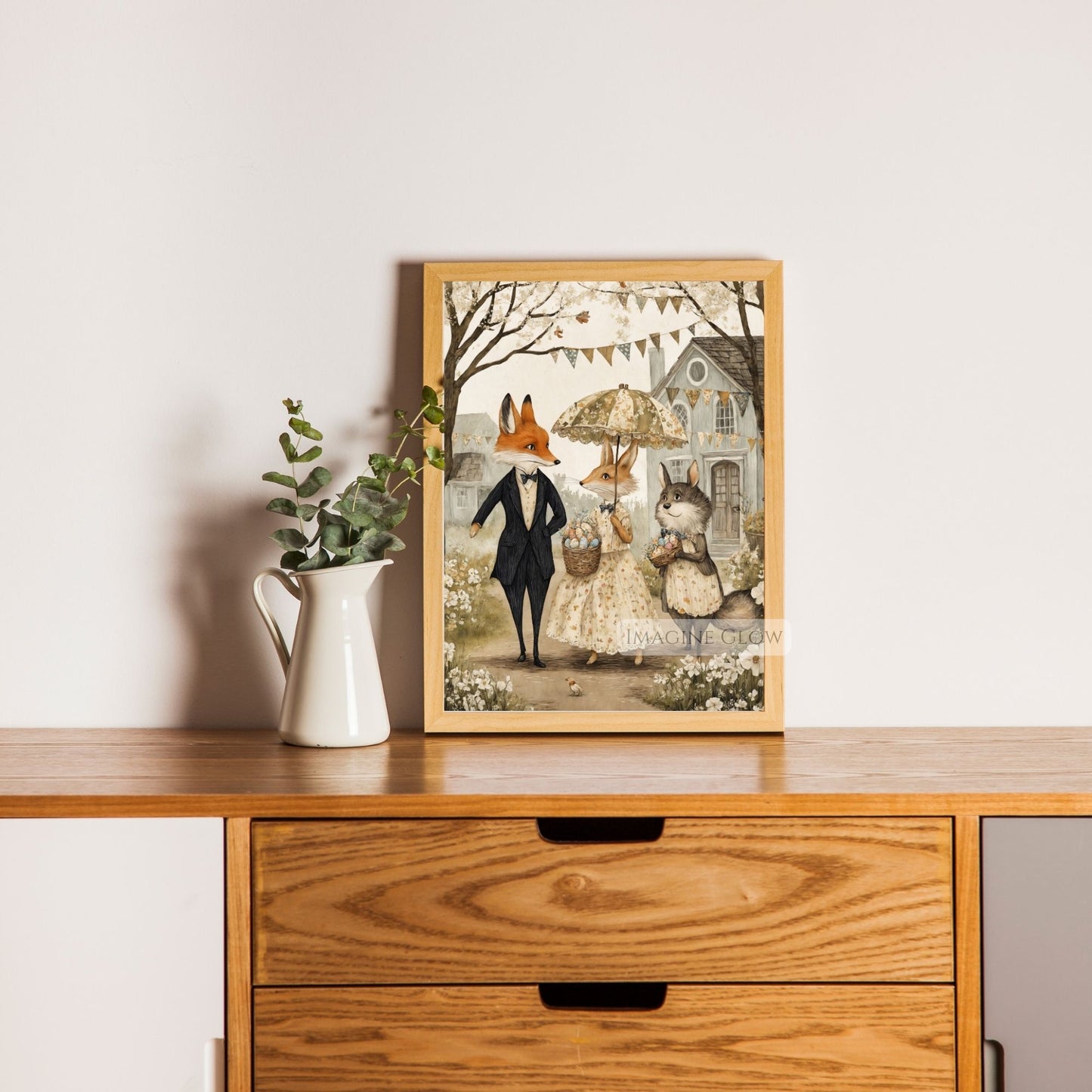 Whimsical Bunny & Fox Easter Wall Art - Vintage Theme