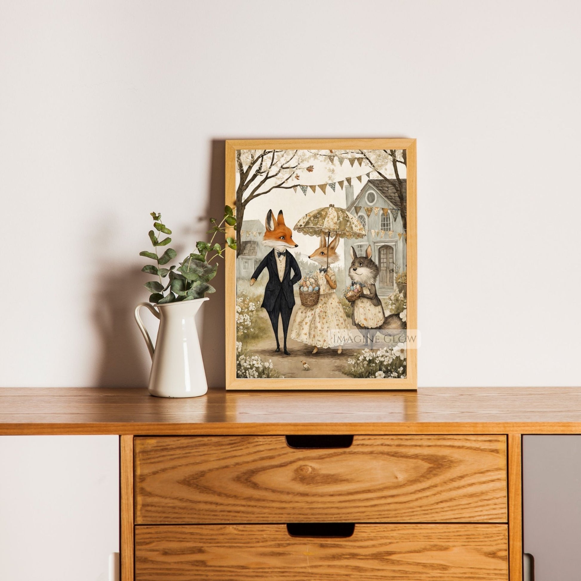 Whimsical Bunny & Fox Easter Wall Art - Vintage Theme