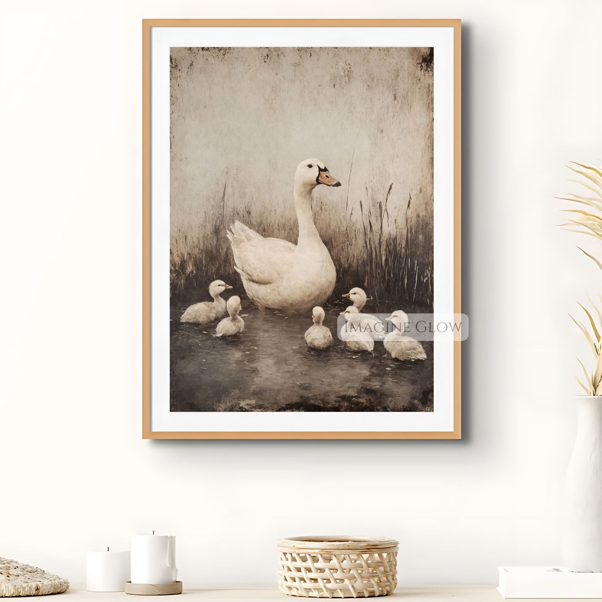 Nature-inspired painting of a goose family in a pond
