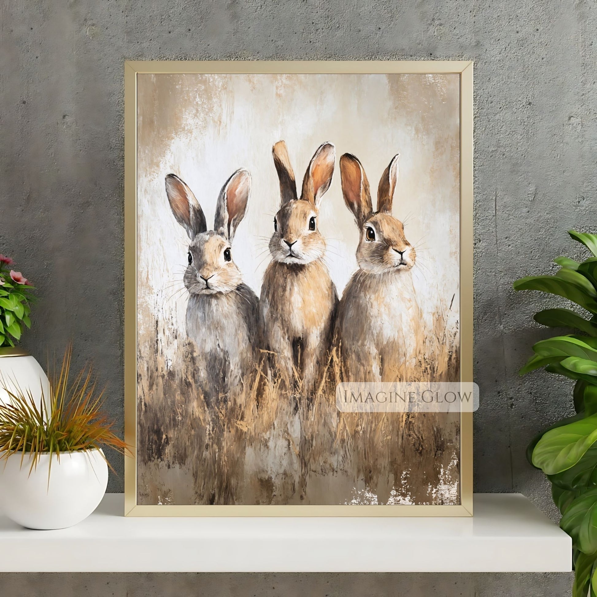 Cottagecore bunny trio wall art vintage style
