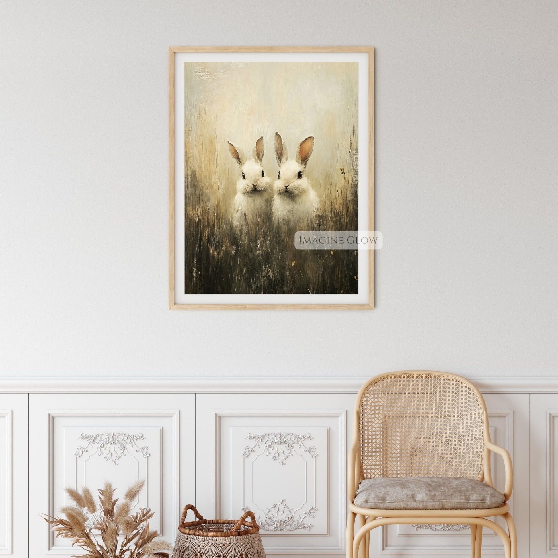 Antique-style print of two bunnies in a field
