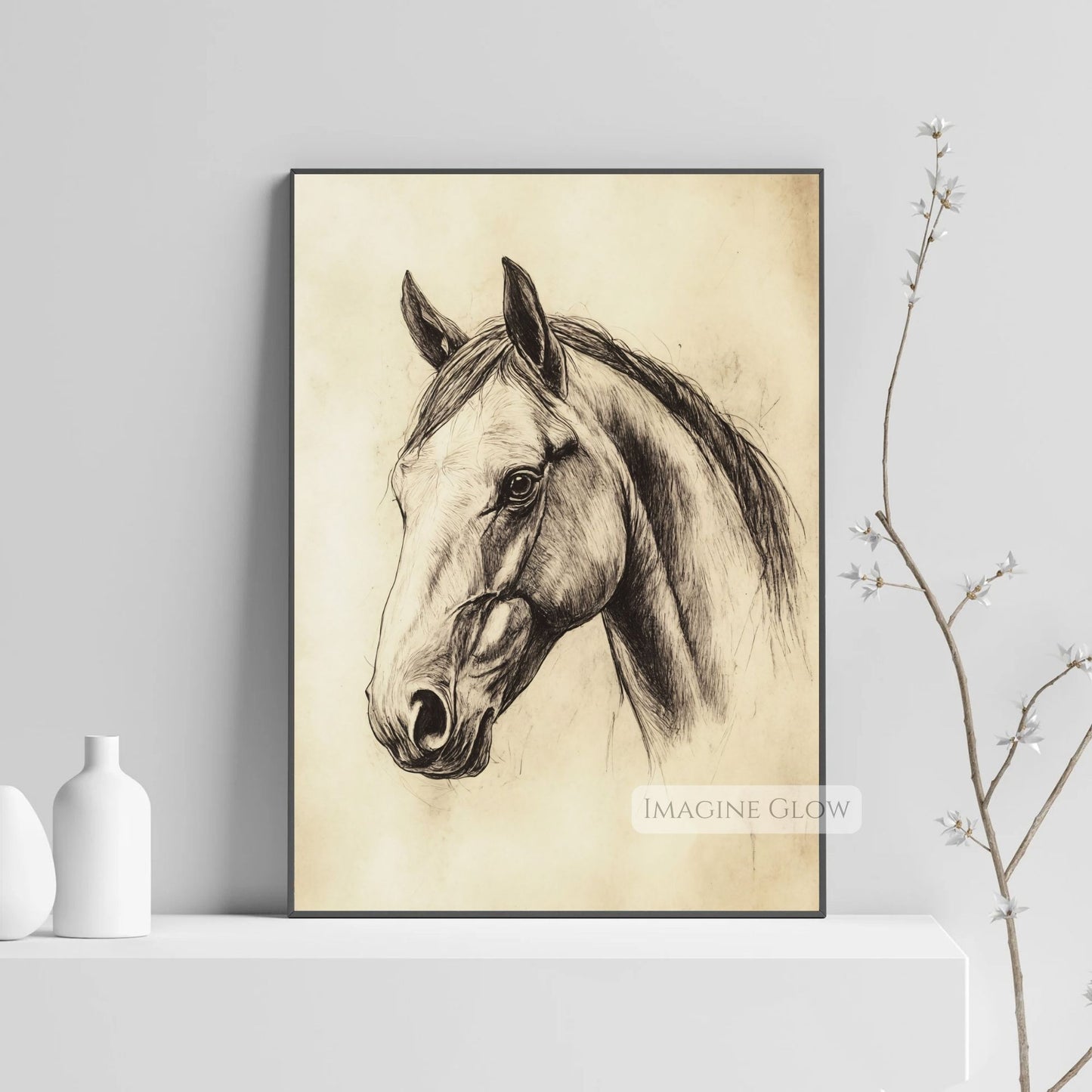 Rustic farmhouse horse sketch for home decor.