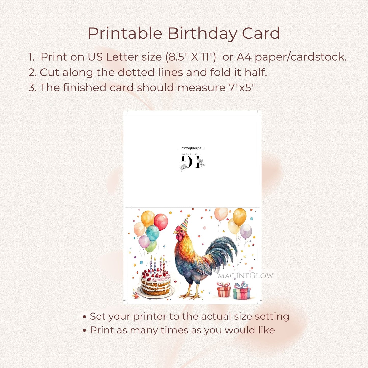 Printable birthday card with rooster and balloons on a white background
