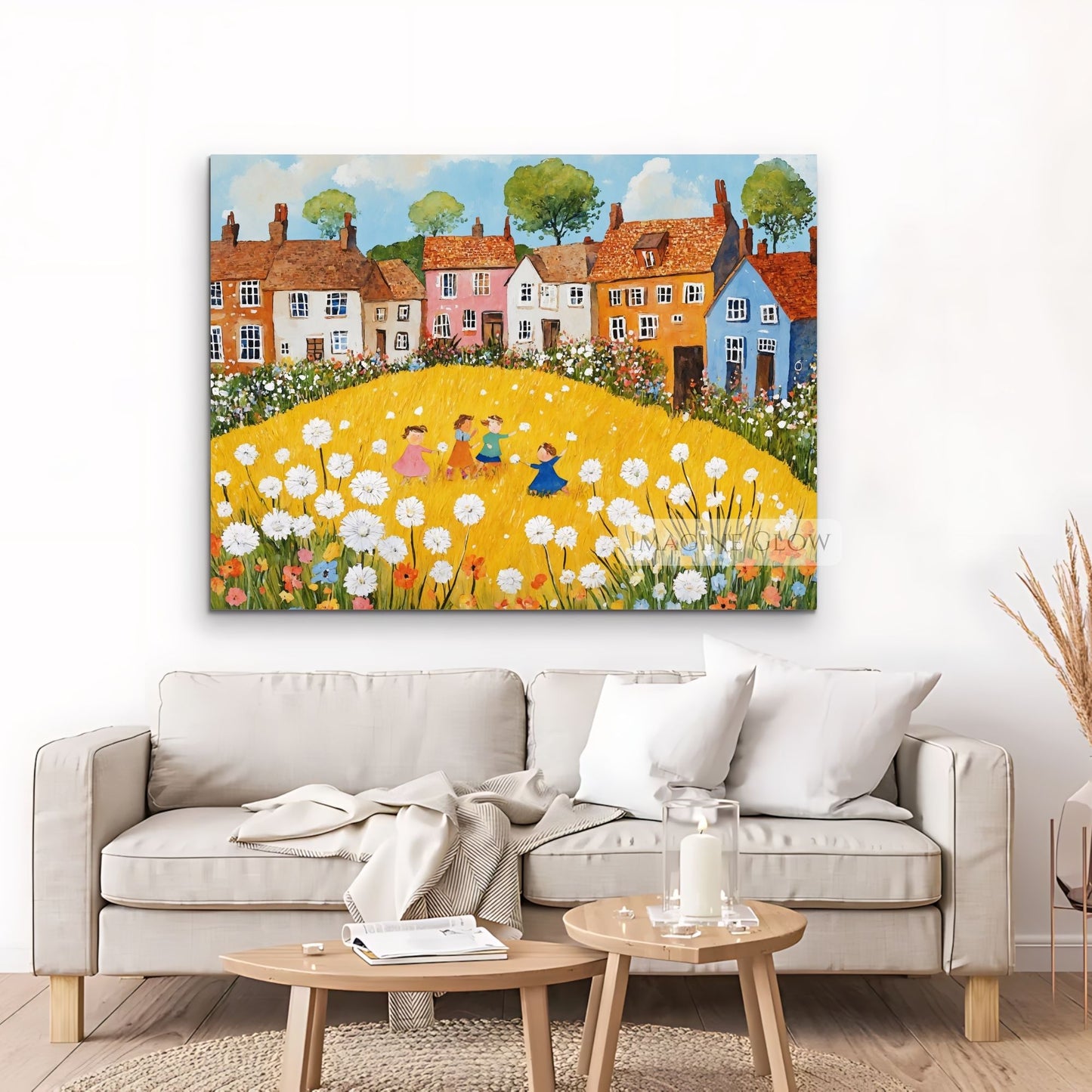 Artistic dandelions swaying in the breeze, spring folk art