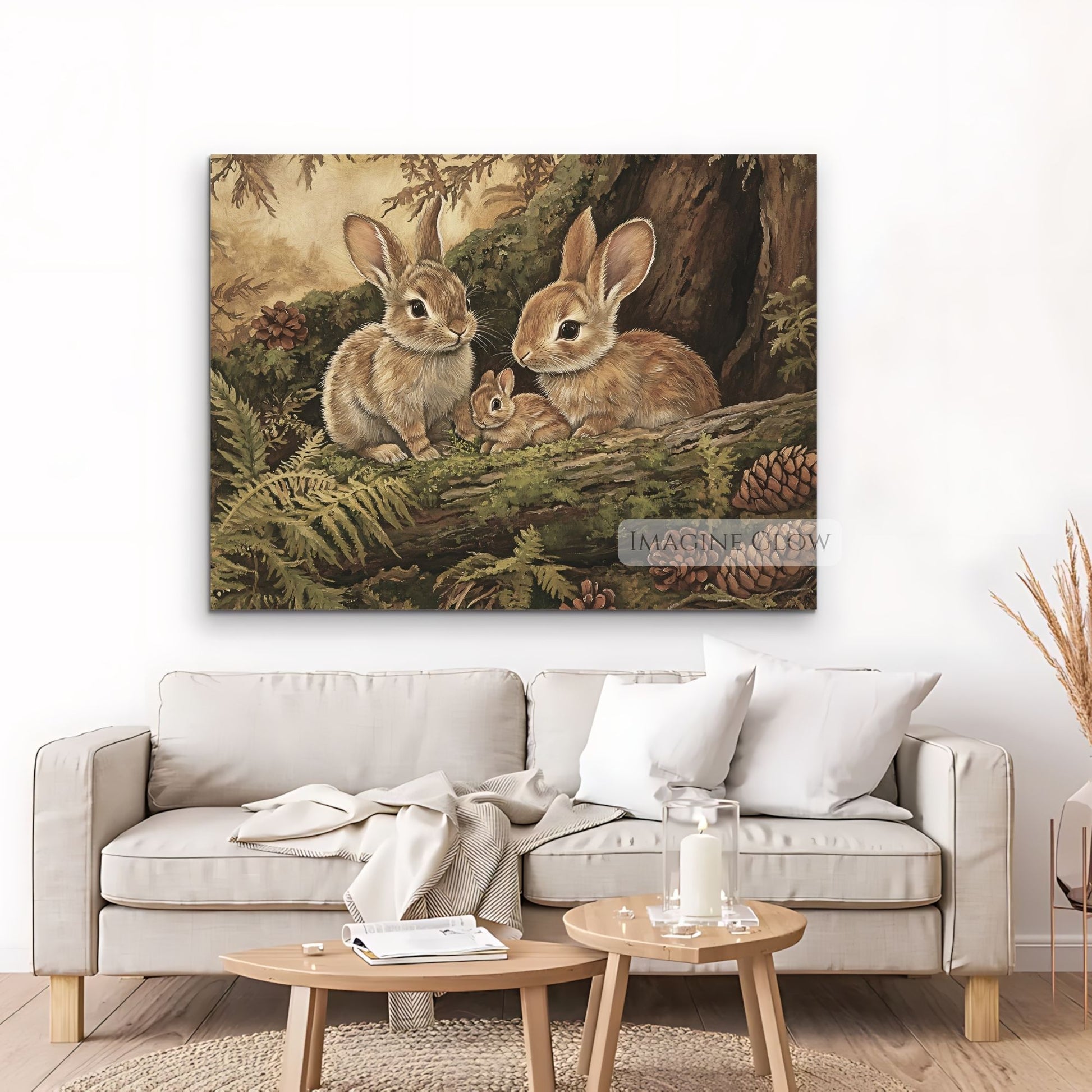 Rustic woodland bunny family illustration.