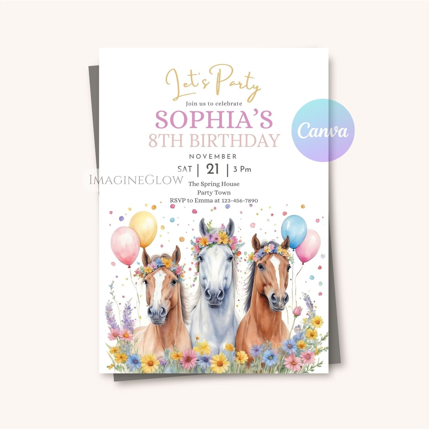 Birthday party invitation with horses and balloons on a white background