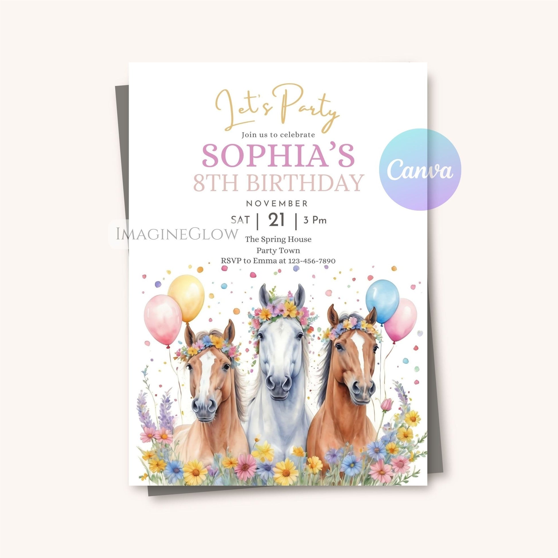 Birthday party invitation with horses and balloons on a white background