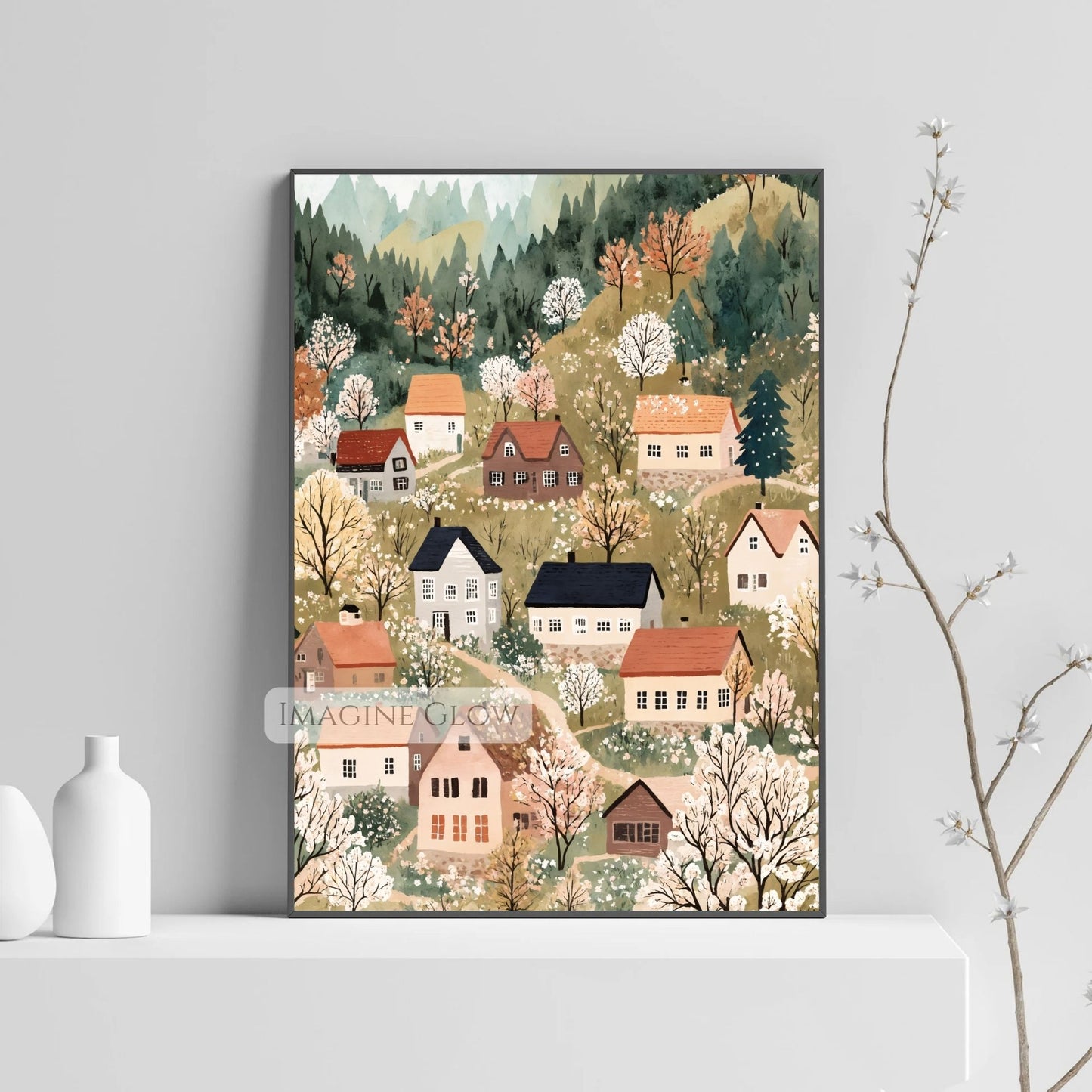 Pastoral spring scene with blossoms wall print