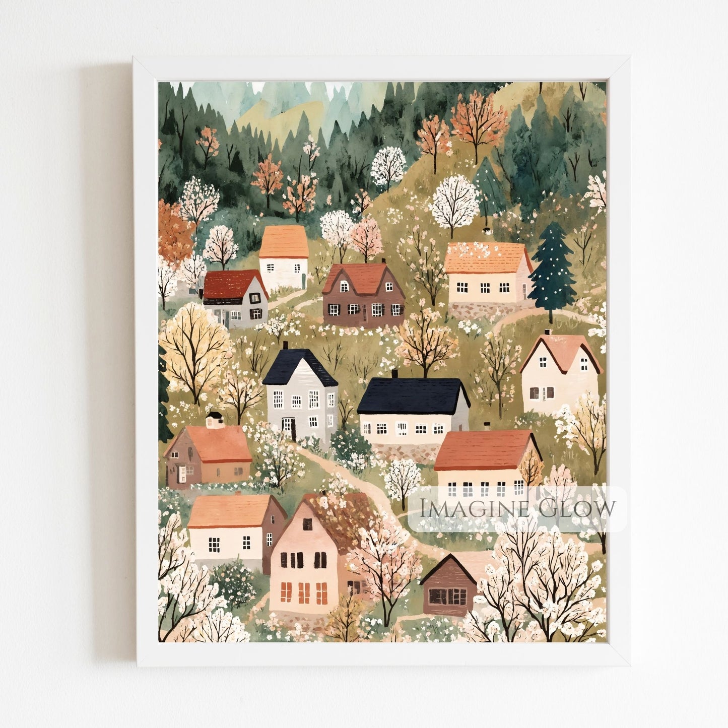 Folk art digital print of springtime countryside