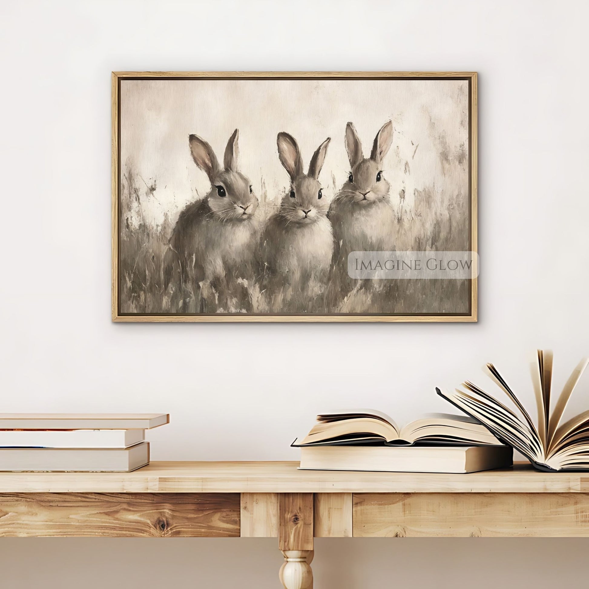 Three bunnies in a meadow - rustic rabbit artwork