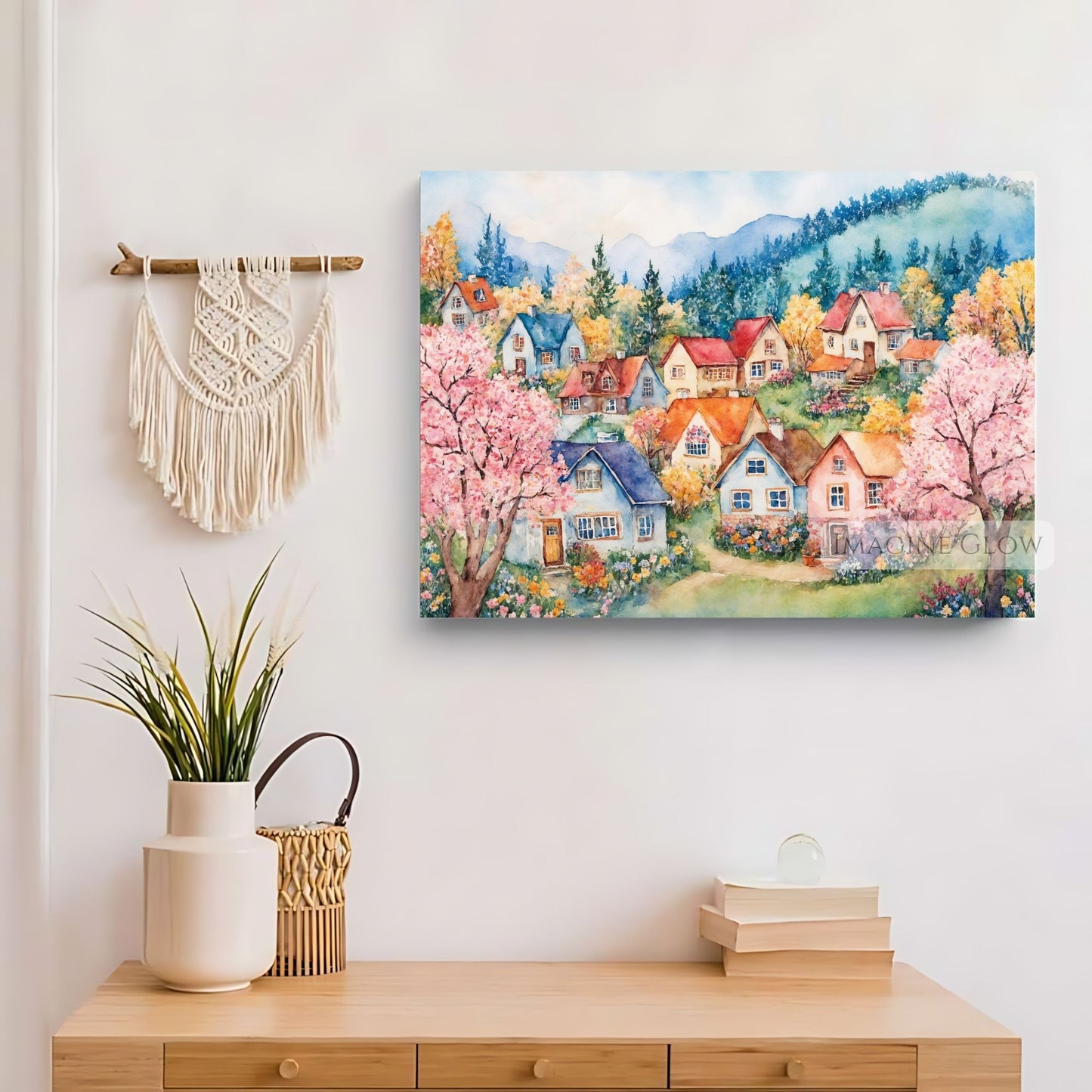 Charming countryside village surrounded by vibrant spring flowers