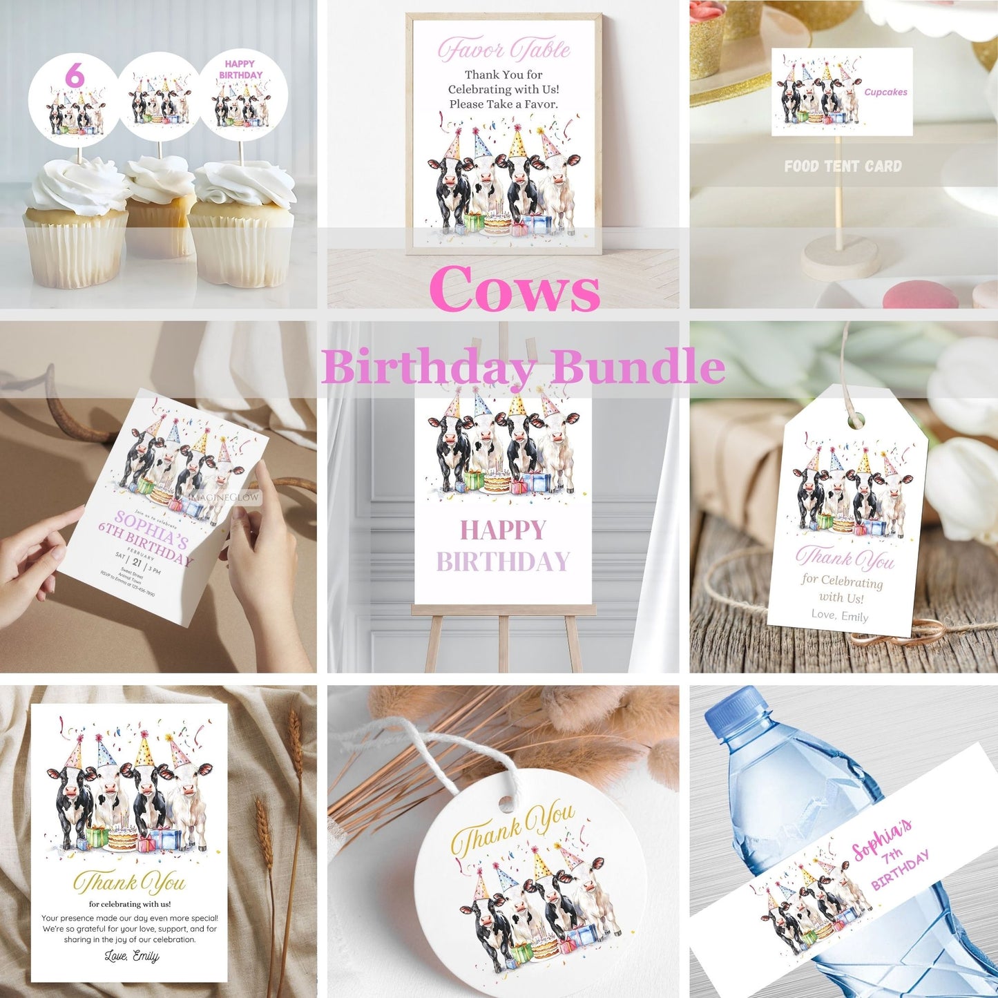 birthday bundle products with cow-themed designs on various items.