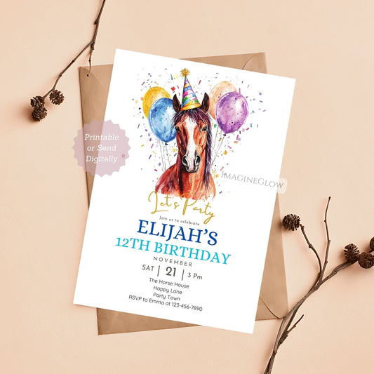 Horse birthday party invitation for kids with balloons