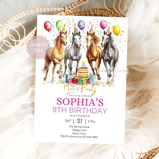 Horse birthday invitation with running horse, balloons, and cake