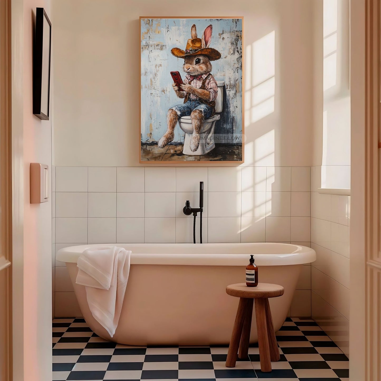 Funny bathroom wall decor with cowboy rabbit on toilet.