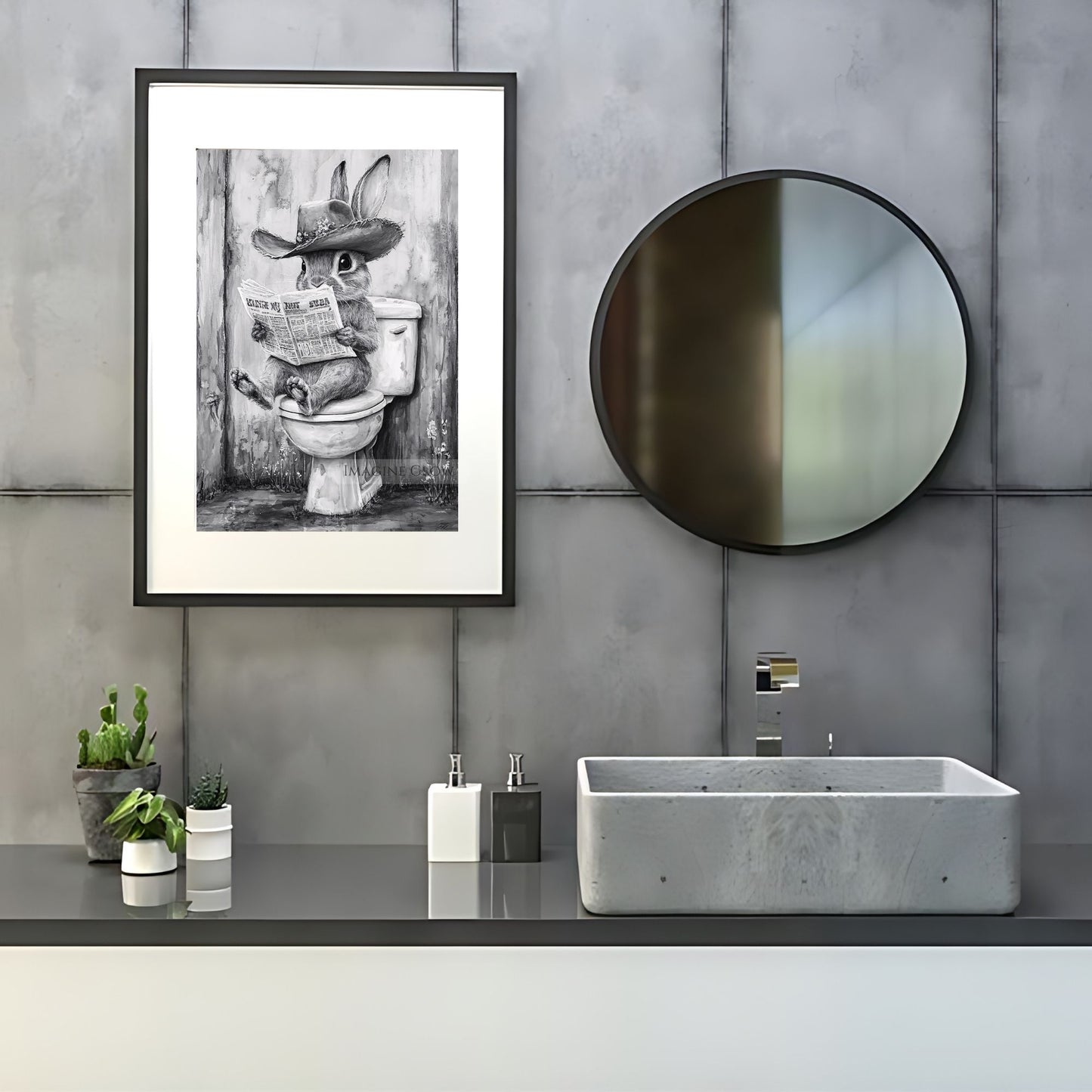 Cowboy-themed rabbit restroom decor digital download.