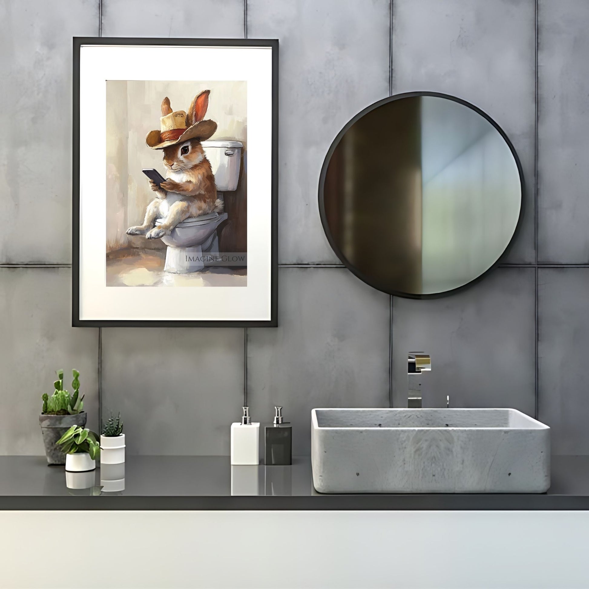 Humorous rabbit on toilet with mobile phone digital file