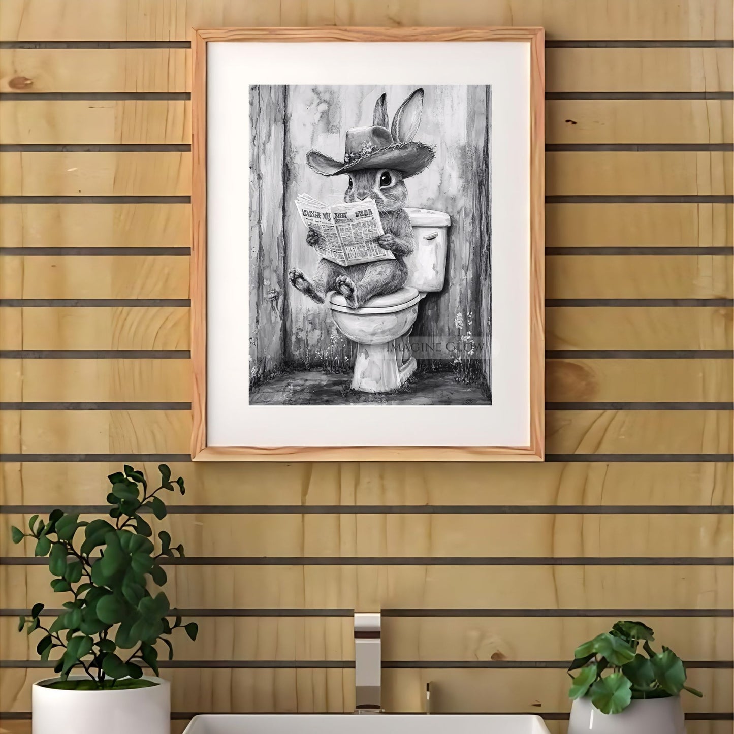 Humorous bathroom wall art featuring a rabbit with a newspaper.