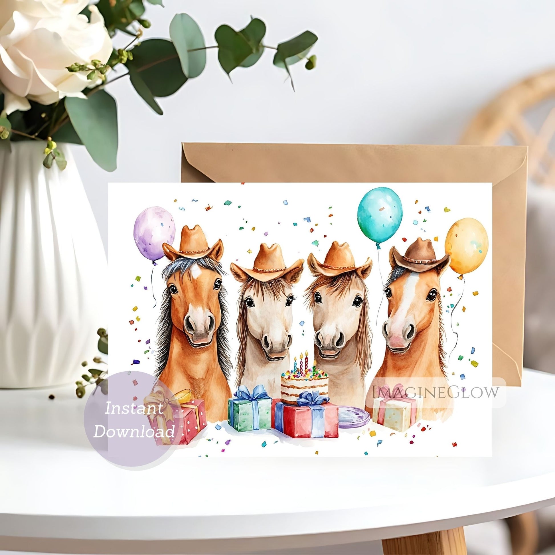 Birthday card with four horses wearing cowboy hats and balloons