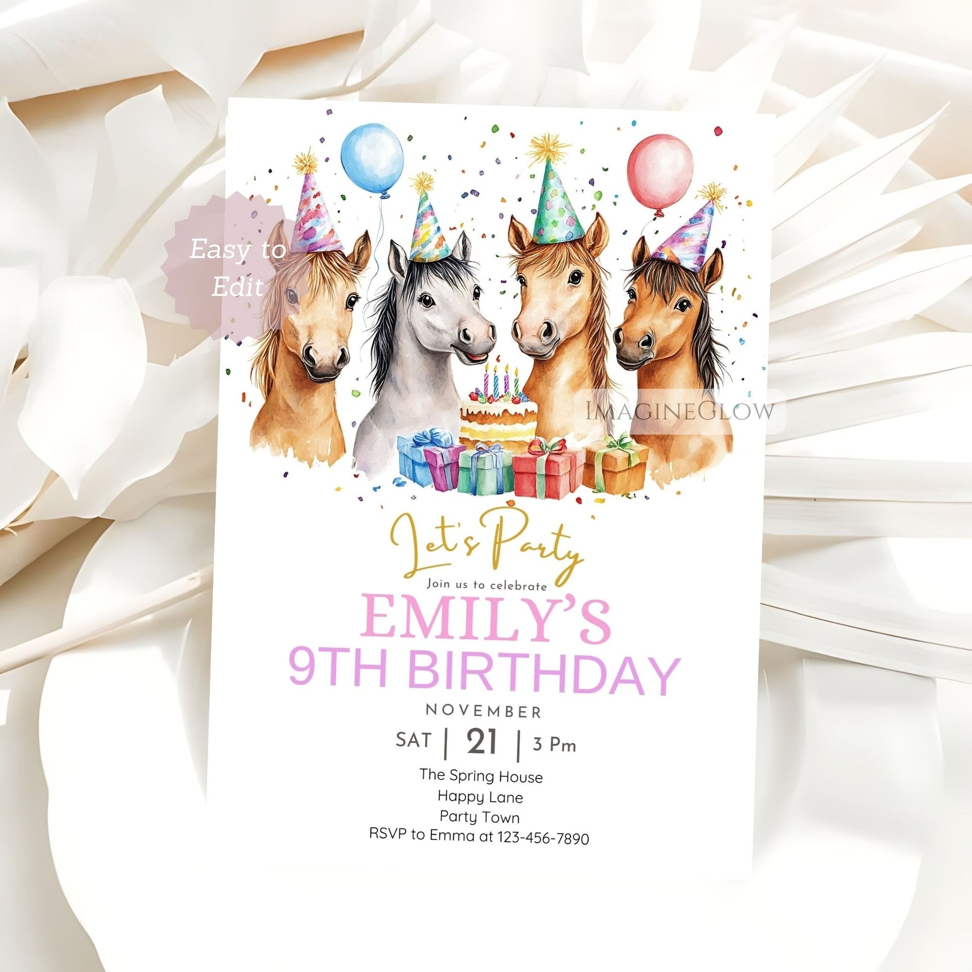 editable farm girl birthday card
girl’s horse themed birthday invitation
