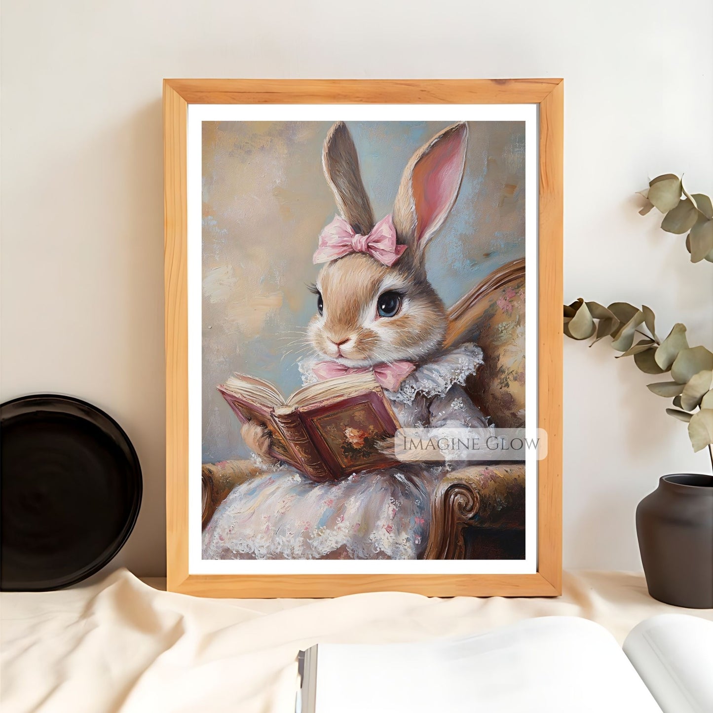 Rabbit with open book illustration print