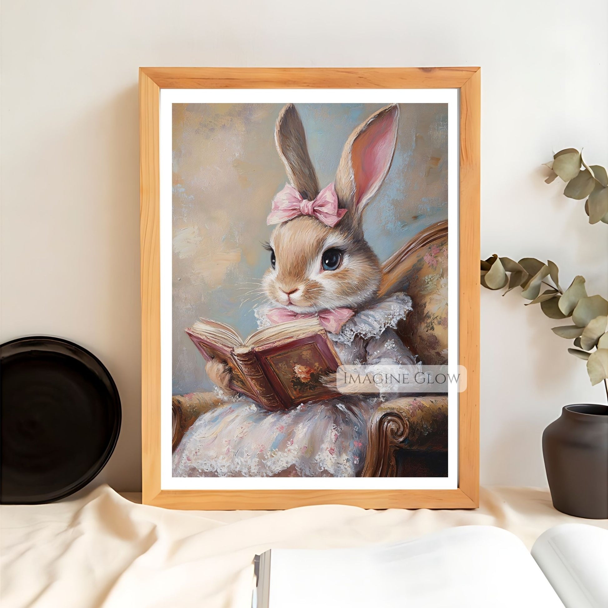 Rabbit with open book illustration print