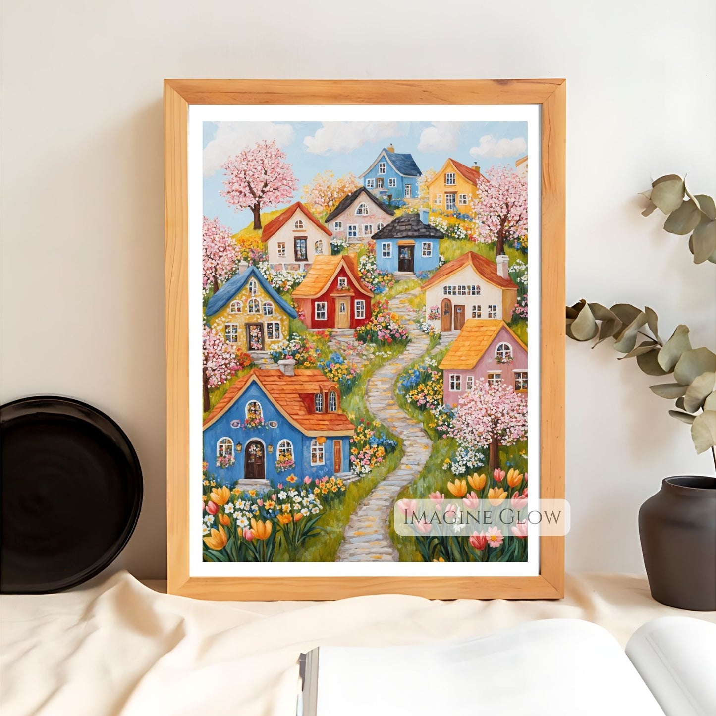 Digital art of colorful houses on a hillside with wildflowers