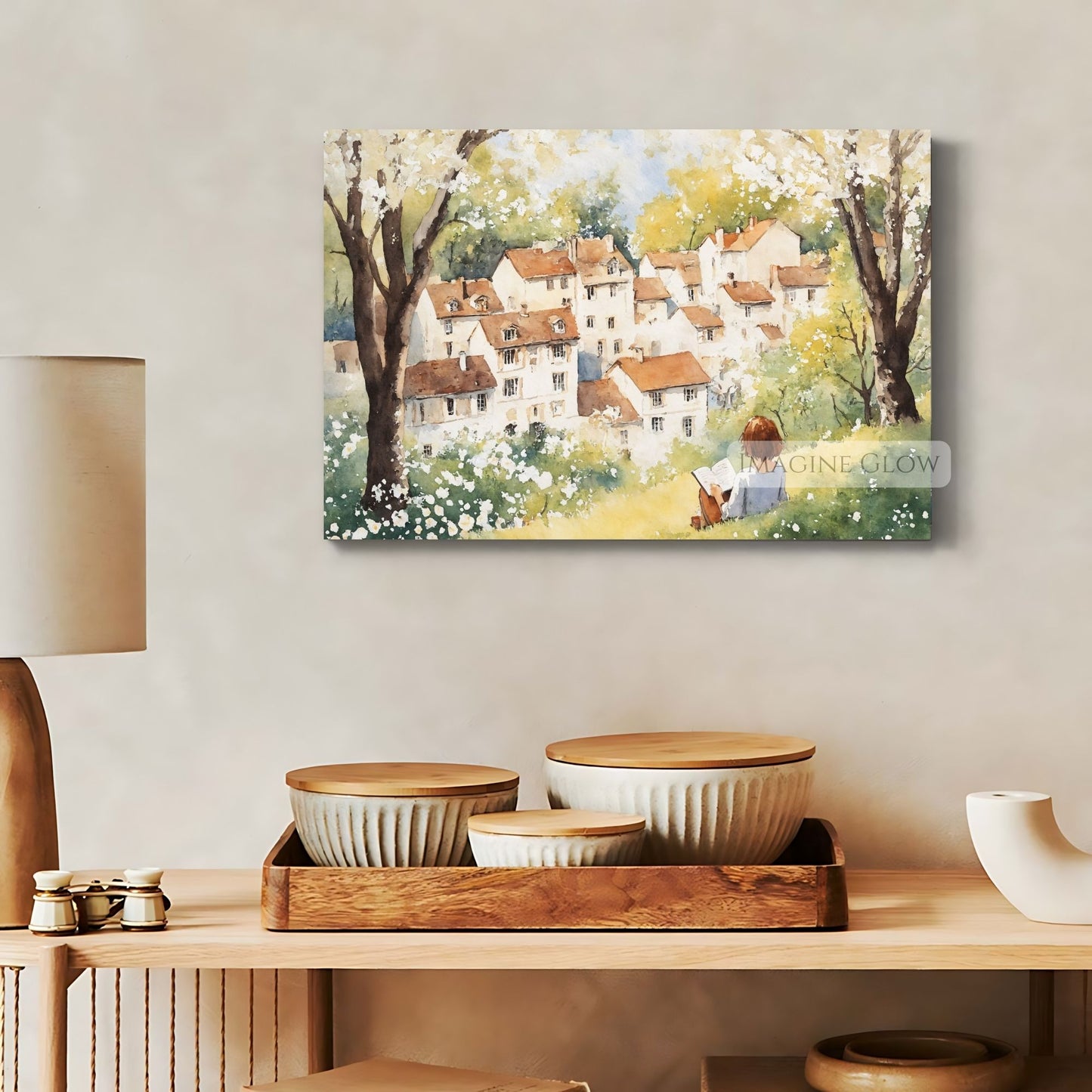 Book-themed wall decor with a peaceful nature background.