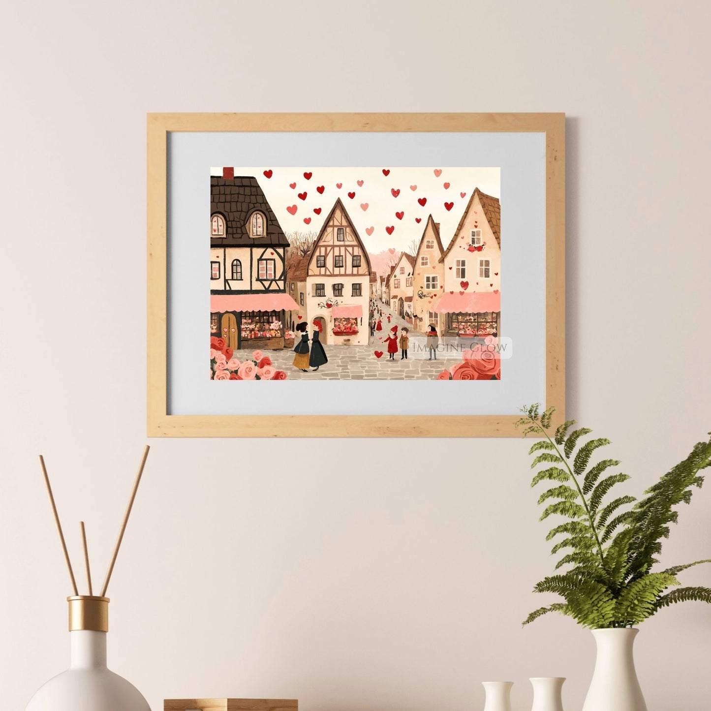 Romantic village streets with hearts for Valentine’s decor