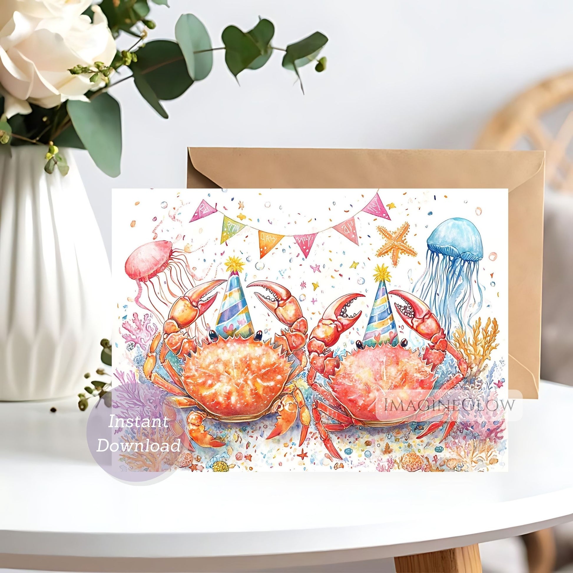 Colorful card with crabs and jellyfish wearing party hats on a white surface.