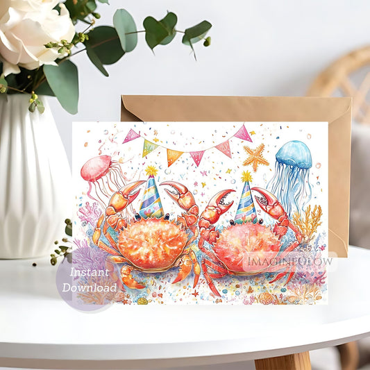 Colorful card with crabs and jellyfish wearing party hats on a white surface.