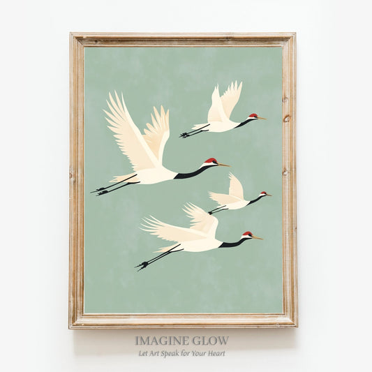 Crane print with flying birds in Japanese art style.