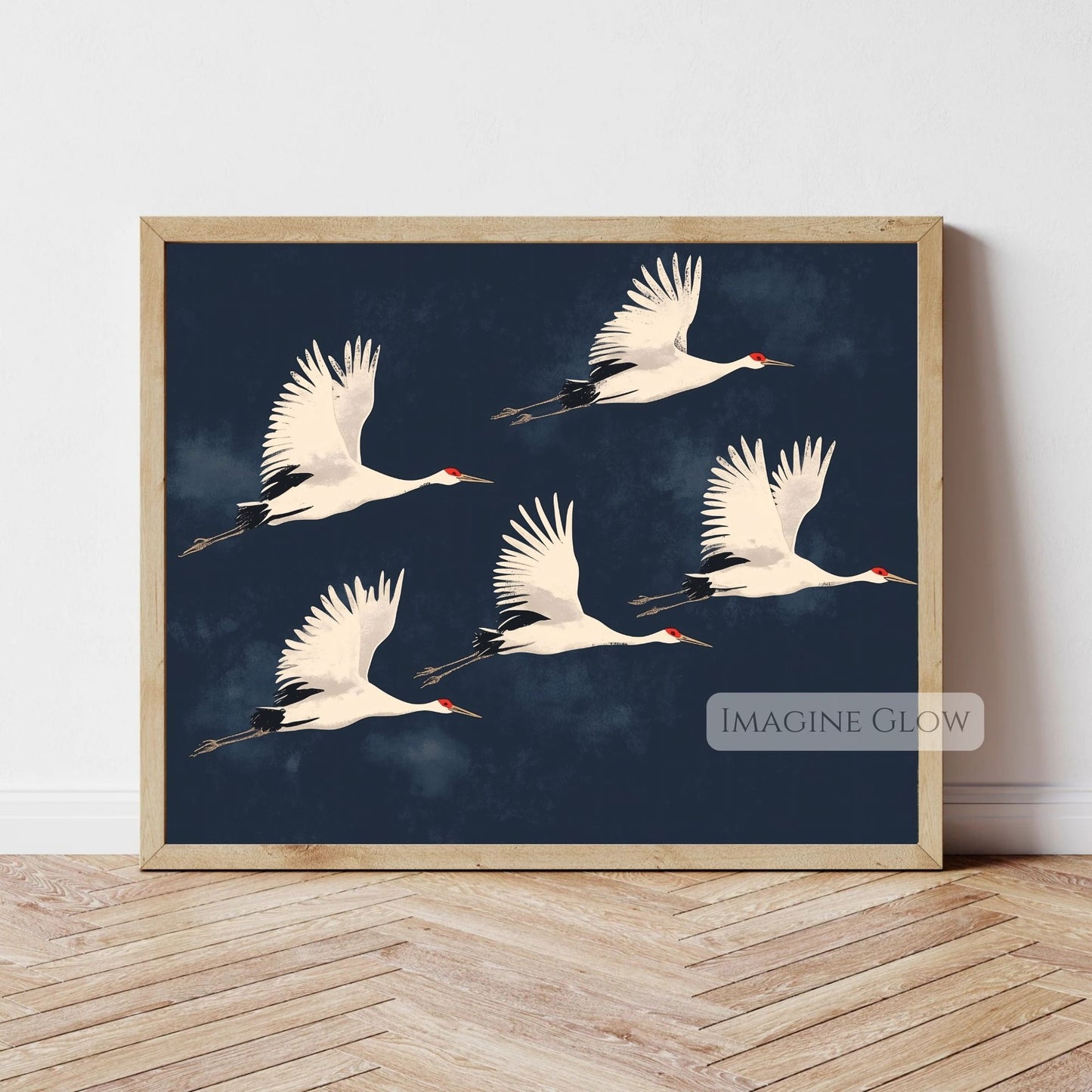 Antique Japanese poster of cranes in flight.