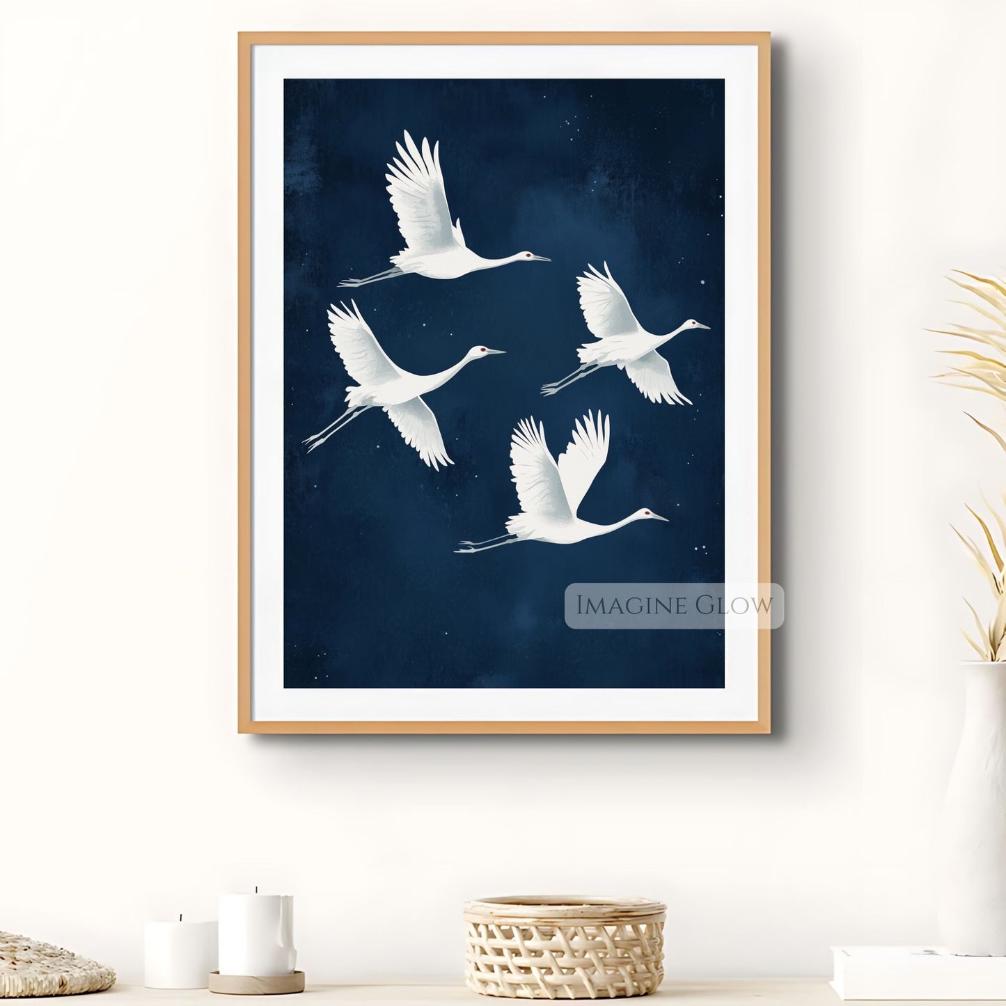 Japanese crane painting with deep blue tones.