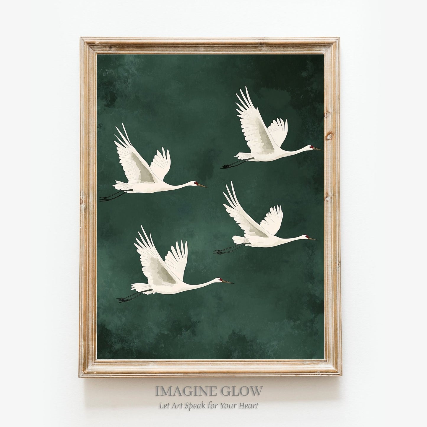 Japandi wall art with serene flying birds on a green backdrop.