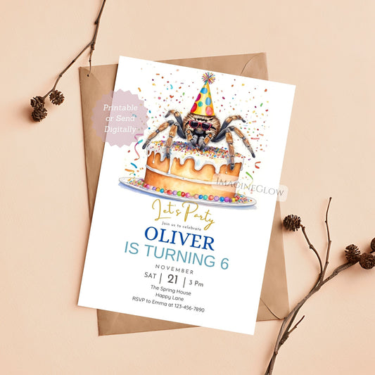 Birthday party invitation with spider and cake illustration on a beige background