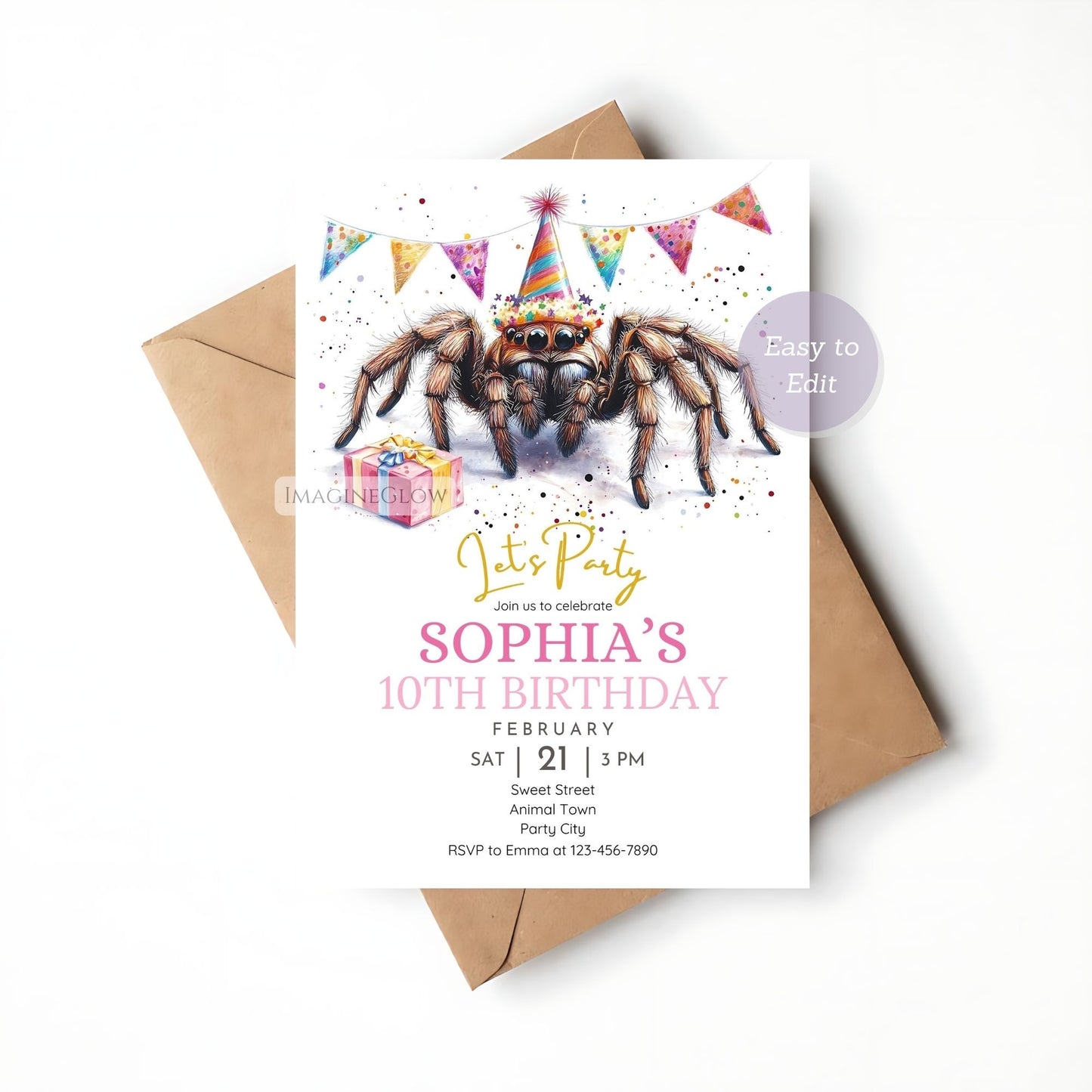 Creepy crawly spider party invite for kids.