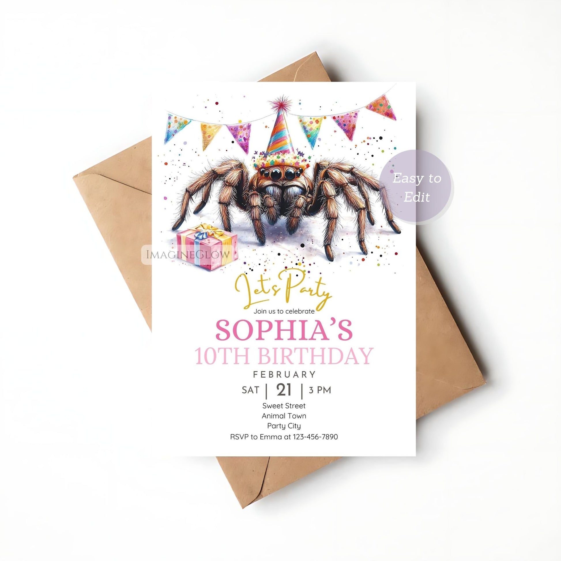Creepy crawly spider party invite for kids.