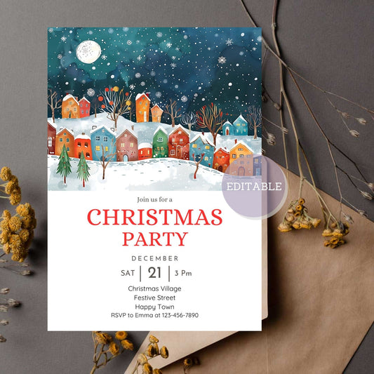 Winter village Christmas invitation with colorful houses and a whimsical moonlit night.
