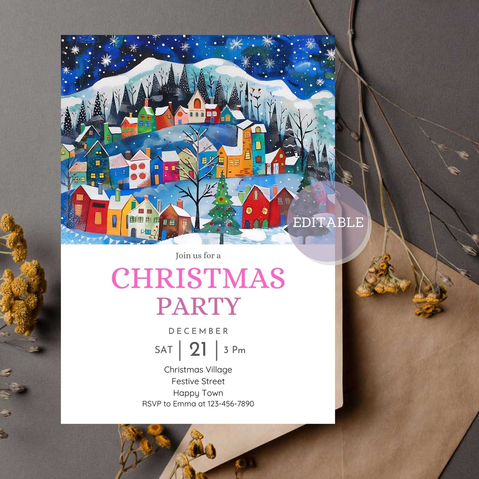 Winter village Christmas invitation with colorful houses.