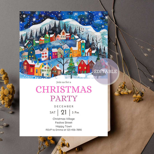 Winter village Christmas invitation with colorful houses.
