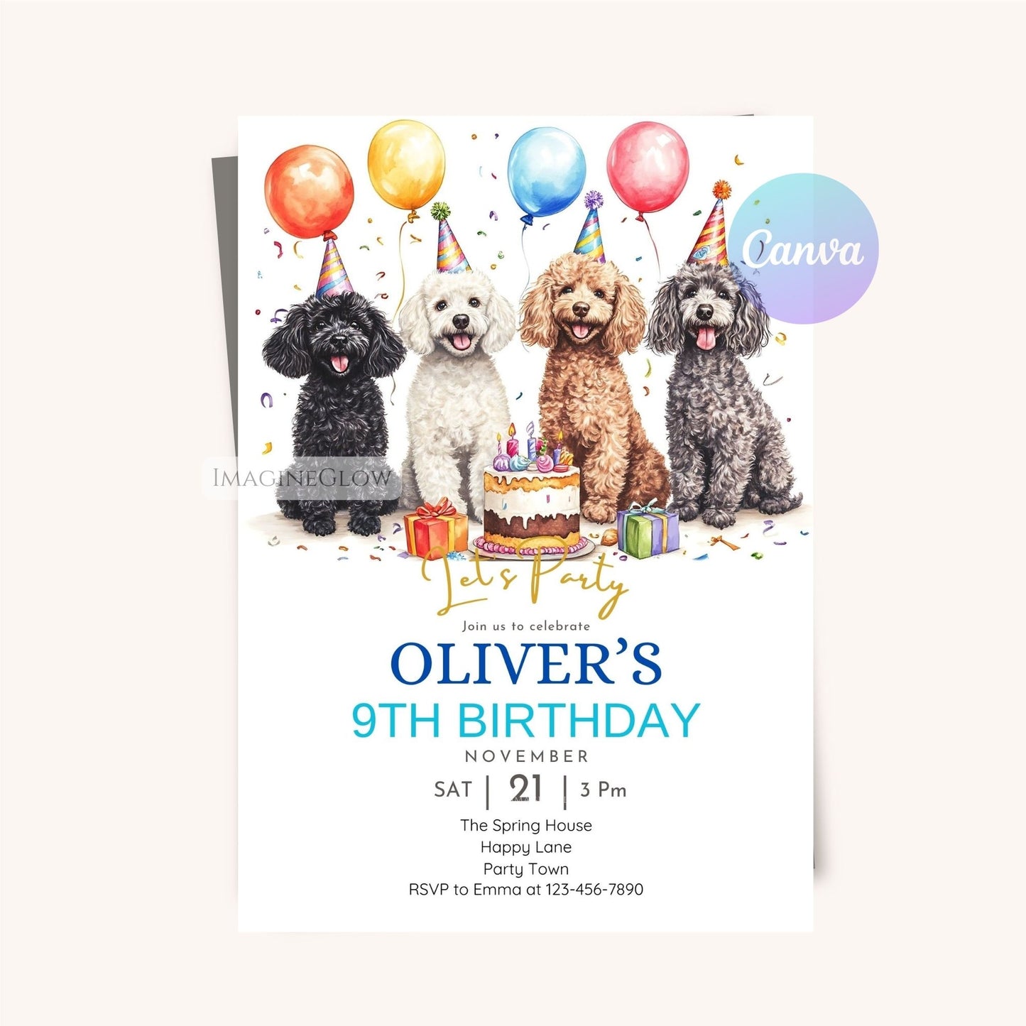 Digital download four Poodles birthday invite
