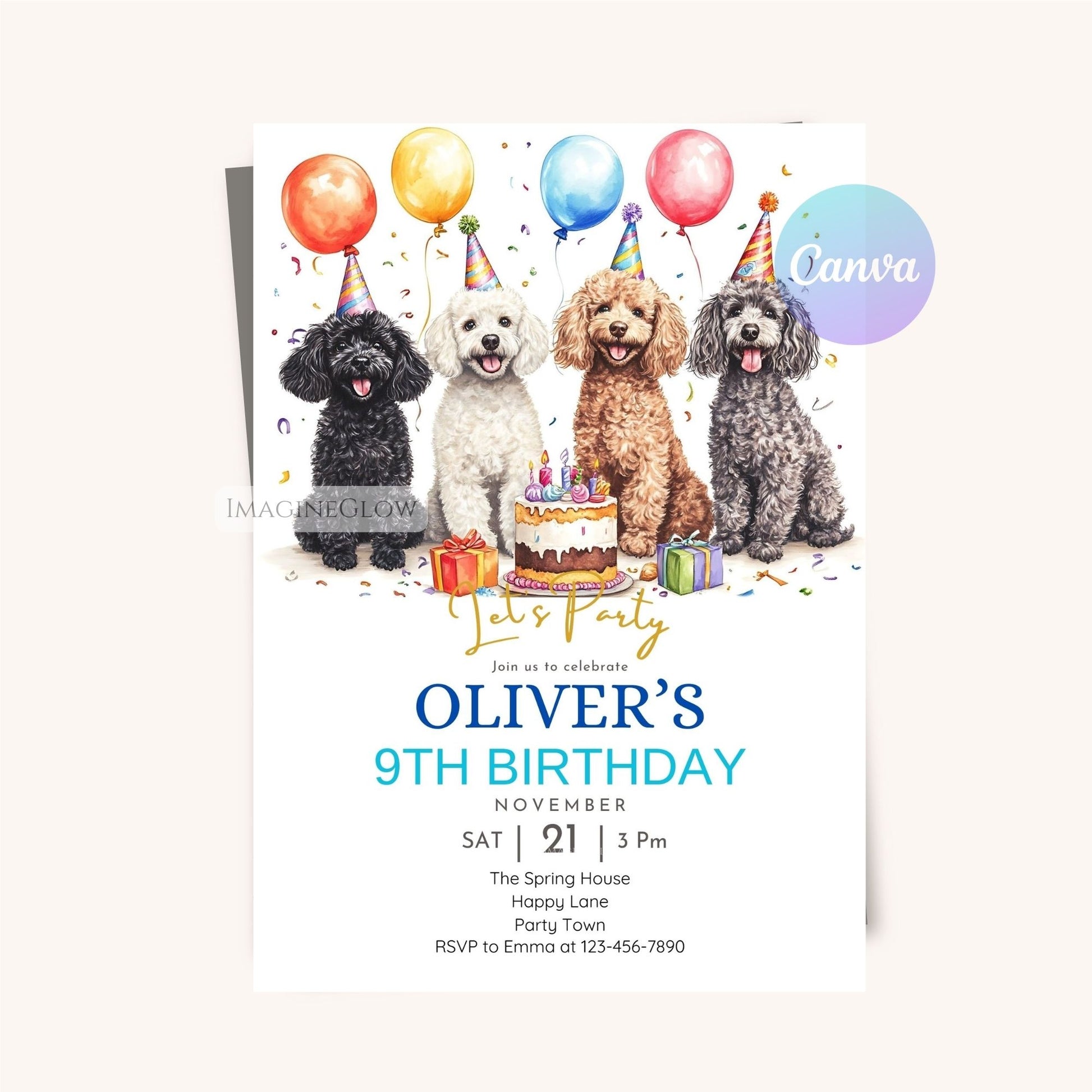 Digital download four Poodles birthday invite