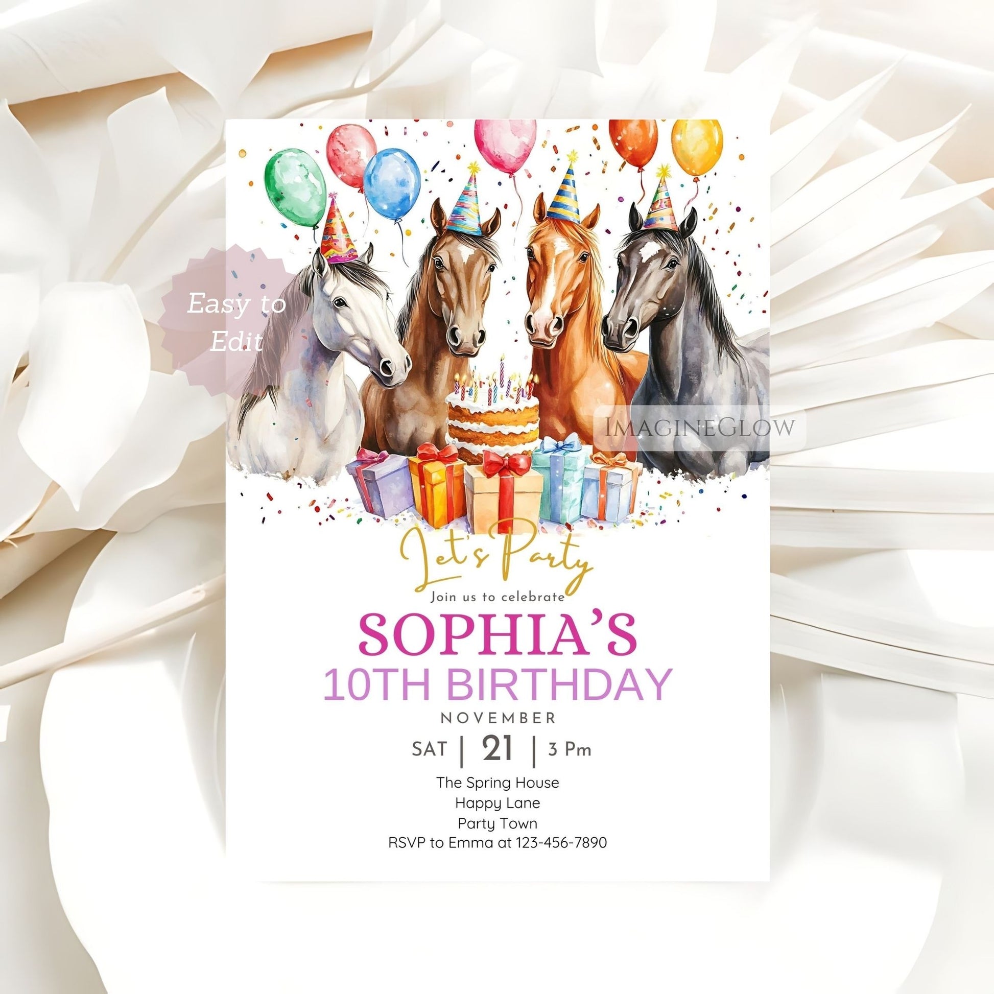 Custom horse birthday party invite digital file
Horse lovers’ birthday invitation with customizable text
