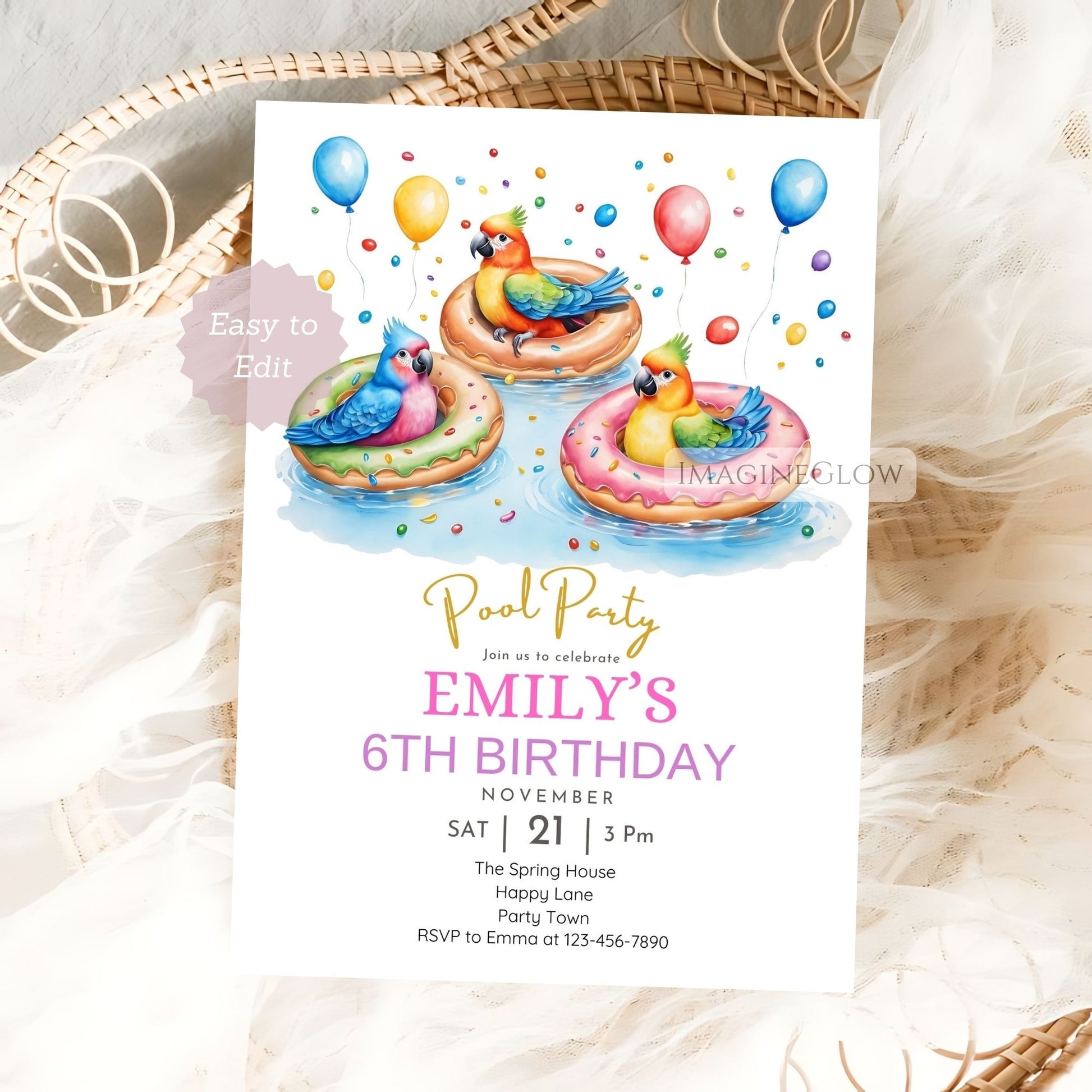 Editable parrots pool party invitation