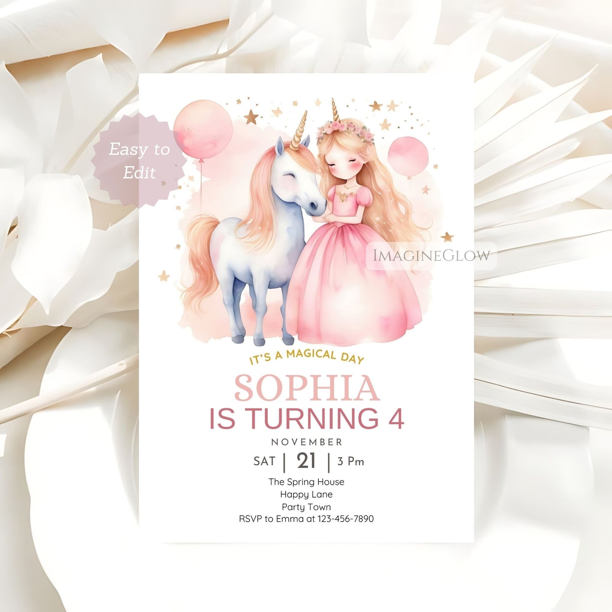 Fairy tale unicorn princess birthday party invite